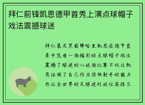 拜仁前锋凯恩德甲首秀上演点球帽子戏法震撼球迷