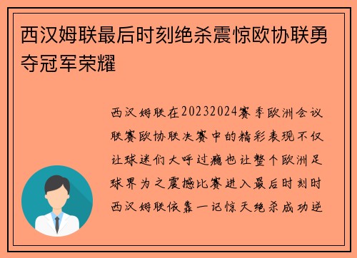 西汉姆联最后时刻绝杀震惊欧协联勇夺冠军荣耀
